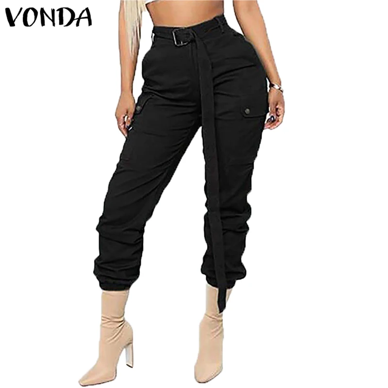VONDA, модные штаны с поясом, женские повседневные однотонные штаны на пуговицах, женские брюки, женские офисные комбинезоны размера плюс - Цвет: Черный