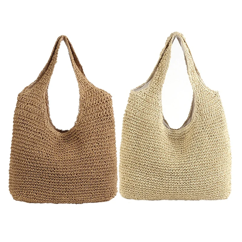 

2 Pcs Korean Version Ins Wind Beach Holiday Style New Handmade Woven Bag Shoulder Simple Solid Color Wild Straw Bag (Brown & Bei