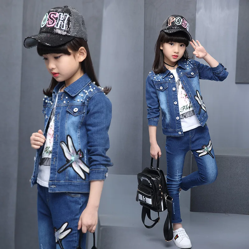 

Childrenswear 2019 Spring And Autumn New Style Girls Korean-style Fashion Dragonfly Denim Suit Big Boy Three-piece Set