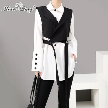 

MIAOQING A stylish two-piece lantern long-sleeved white shirt with a belted blouse set for spring 2019