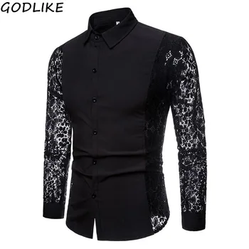 

Mens Flower Patchwork Embroidery Lace Shirt 2020 Fashion Transparent Sexy Dress Shirts Mens Club Party Event Chemise Street Wear