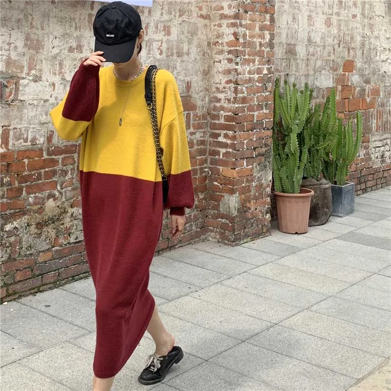 2020 Sweater Dress Women Autumn Winter Fashion One-Piece Long Sleeve Colorblock Dress Korean Lady Plus Size Loose Knitted Dress