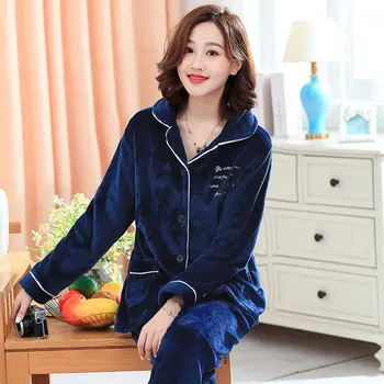 

Winter Pajamas Set Women Sleepwear Warm Flannel Long Sleeves Pajamas Pink Homewear Thick Home Suit