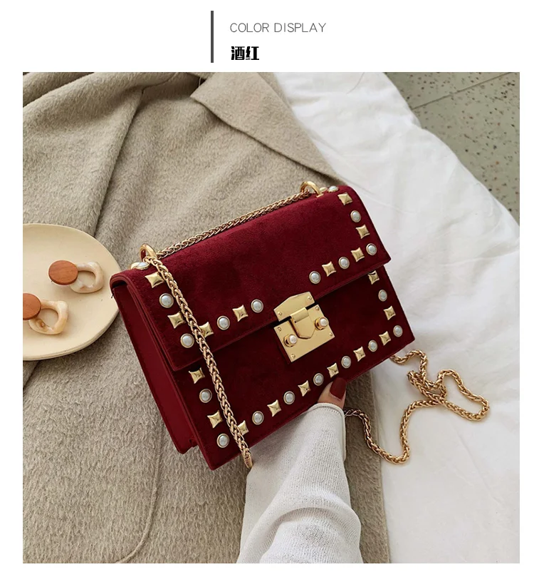 Винтажная модная квадратная сумка с заклепками Новая высококачественная матовая кожаная женская дизайнерская сумка с цепочкой на плечо
