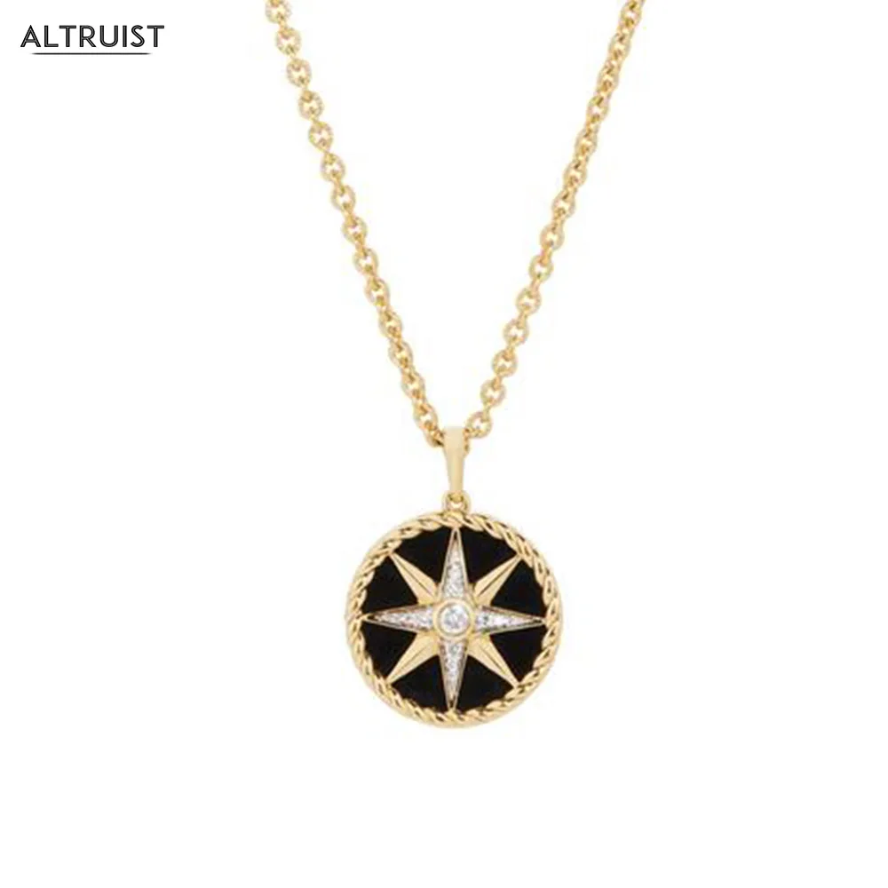 Altruist 925 пробы, Серебряное золото, подвеска с компасом, круглая звезда, снежный цветок, ожерелье, черная эмаль, длинная цепочка, тонкое женское ювелирное изделие