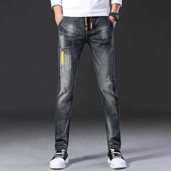 

Casual Jeans mens Straight stretch Little feet skinny embroidery Letter Jeans men Scratched denim tide brand Harem pants