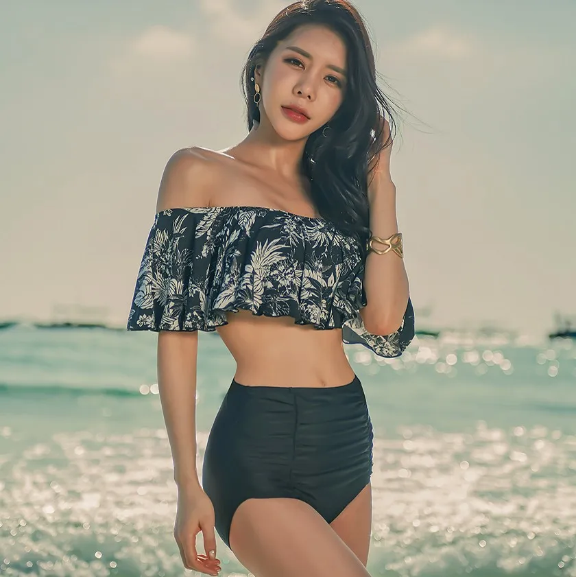 

New Style Bathing Suit Triangular Split Type High-waisted Belly Covering Push up Small Bust Large Flounced off-Shoulder Bikini H