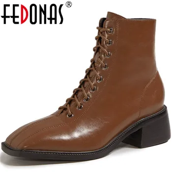 

FEDONAS Elegant Square Toe Genuine Leather Female Ankle Boots Side Zipper Fashion Thick Heels Pumps Working Party Shoes Woman