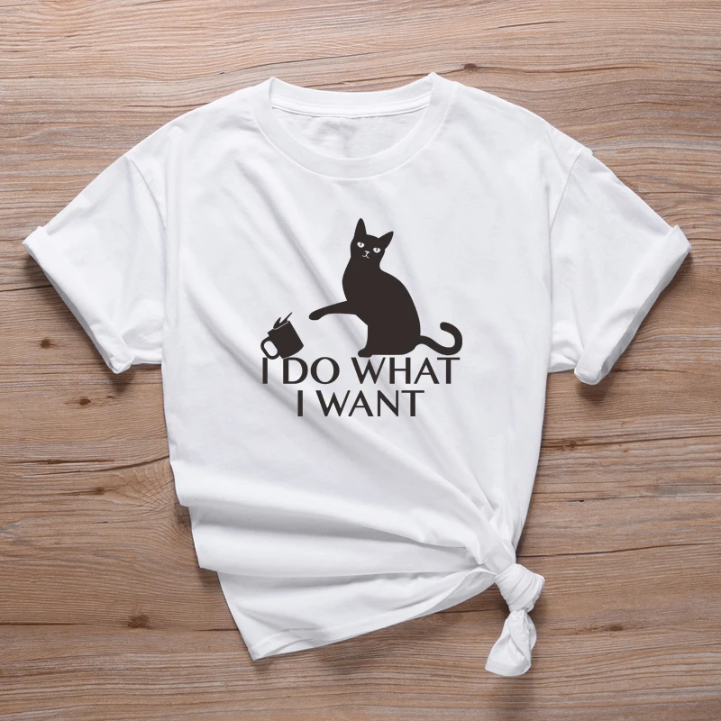 I Do What Want Women Tshirt Aesthetic Kawaii Cats Funny T-shirt Coffee Casual Fashion Shirts Harajuku Cotton Tops Dropshipping | Женская