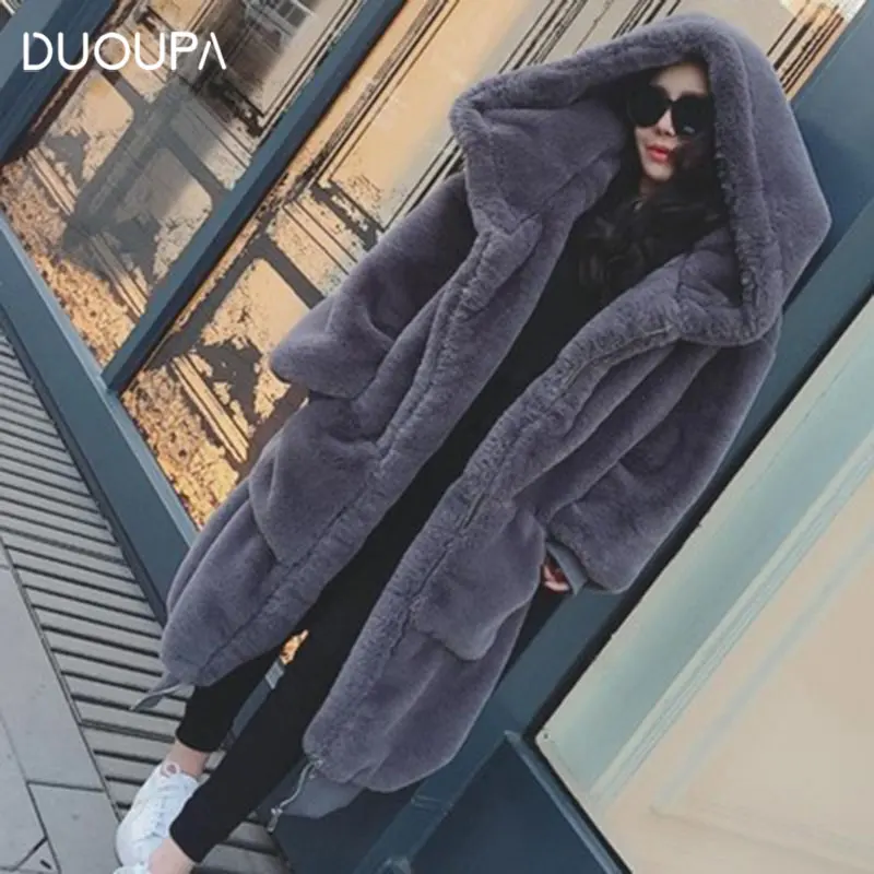 

DUOUPA2019 Autumn and Winter New Net Red Gigi with the Imitation Rabbit Fur Thick Long Hooded Fur Coat Fur Vest Thick Furry Coat