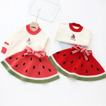 

Autumn Harajuku Style Sweet Baby Girls Skirt 2 Piece Sets Knitted Sweater+Watermelon Skirts with Belt Children Outfits 2-6T