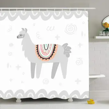 

Shower Curtain Peru Adventure Gray Lama Symbolic Hand Drawn Relax Wildlife Adorable Alpaca Attractions Body Design Waterproof