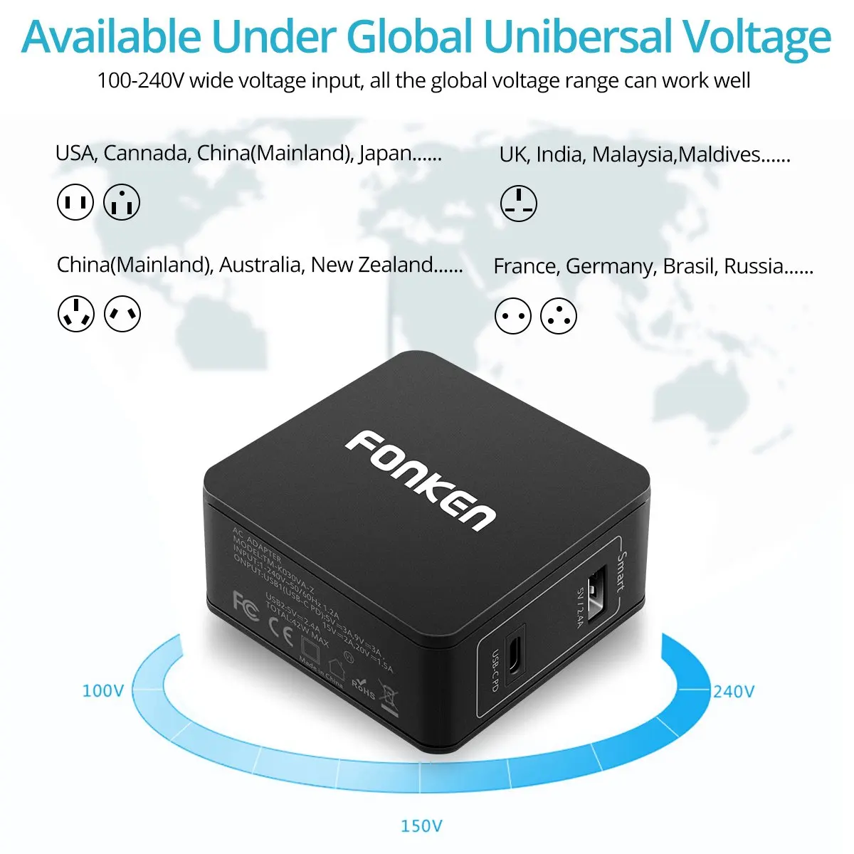 FONKEN USB Type C PD зарядное устройство 42 Вт 2 порта адаптер питания США штекер Flod Quick Charge