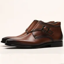 Square Toe Plain Genuine Cow Skin Boot Patina Brown Handmade Bespoke Leather Men Boots Casual Men's Buckle Ankle Boots