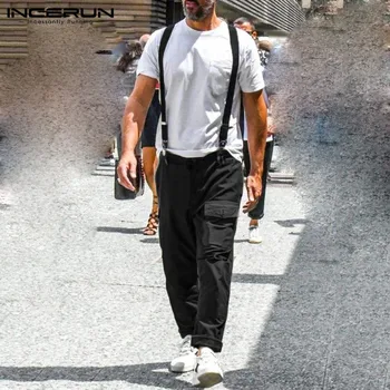 

INCERUN Men Cargo Pants Solid 2020 Baggy Pockets Button Up Rompers Suspenders High Street Fashion Casual Trousers Men Plus Size