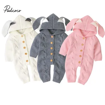 

Pudcoco Knitted Romper for Newborn Infant Baby Boy Girl Overall 2020 Easter Rabbit Ear Hooded Jumpsuit Winter Warm Bottum Outfit