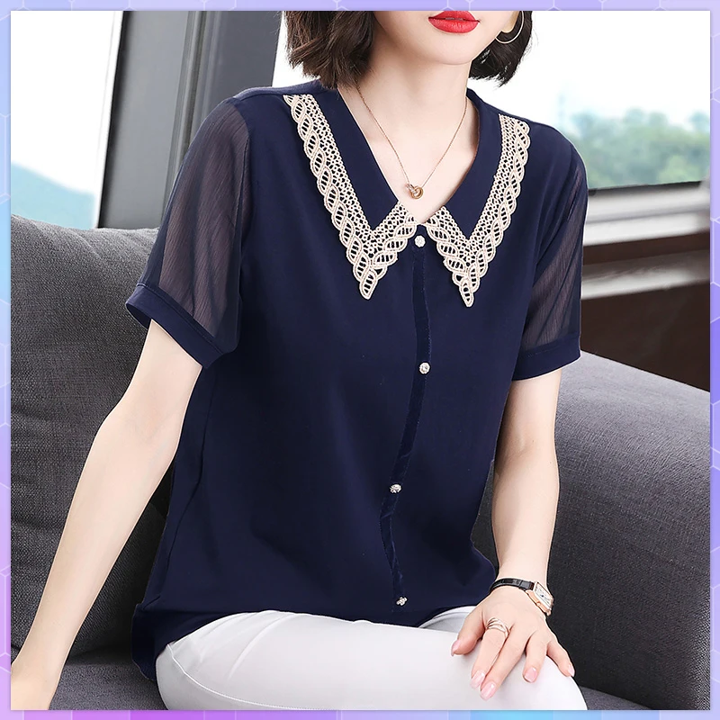 

Casual Short-Sleeve Loose T-shirt Women Cotton Tee Shirt Blusas Doll Collar Summer Tops Plus Size 5XL Tunic Large Size Top