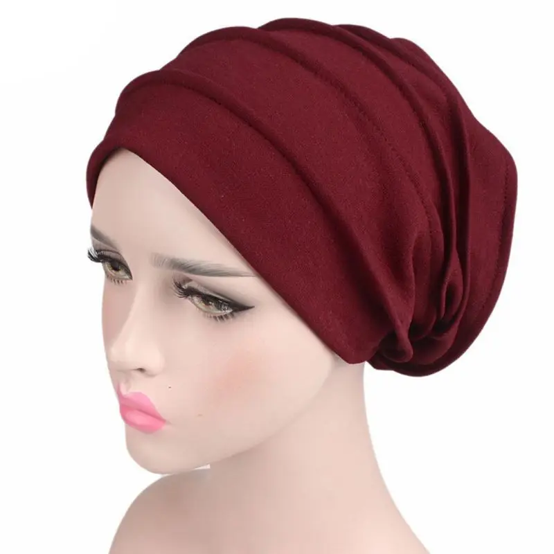 Модная новинка, Женская хлопковая шапка для сна, Шапка-бини, мусульманская тюрбан для выпадения волос, химиотерапия шляпа, плиссированная, для женщин, 6 цветов