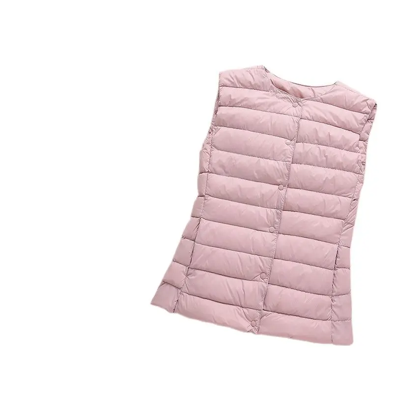 Chaleco de plumón ultraligero para mujer, chaqueta cálida acolchada de un solo pecho, sin mangas, plumón de pato