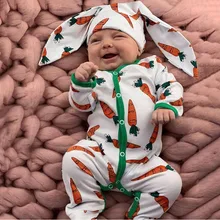 Лидер продаж, Одежда для новорожденных мальчиков и девочек, комплект из 2 предметов комбинезон с длинными рукавами и рисунком морковки+ шапочка с заячьими ушками, комплект одежды