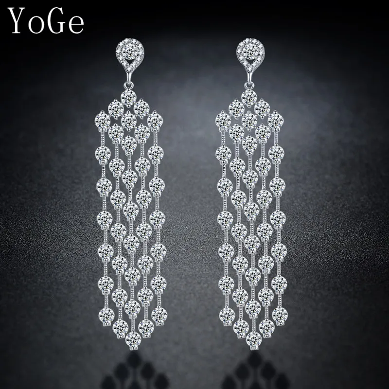 YoGe Wedding&ampParty Jewelry E0365 fashion AAA CZ shinning round stones long drop tassel earrings | Украшения и аксессуары