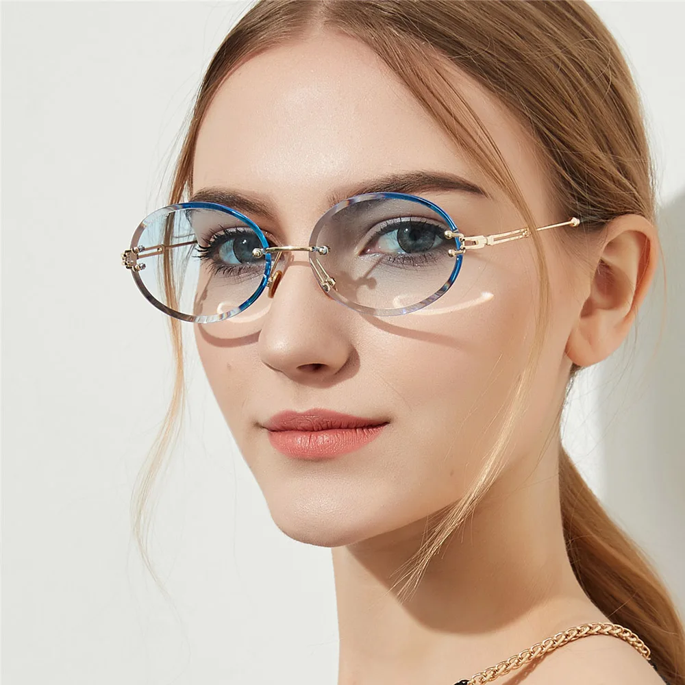 Ретро овальные солнцезащитные очки для женщин бескаркасные Градиент Синий объектив без оправы Солнцезащитные очки Модные оттенки очки UV400 Топ