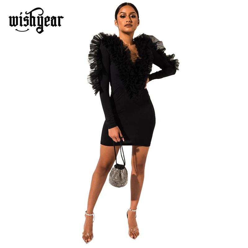 

Wishyear Fluorescent Mesh Ruffle Bodycon Dress Women Sexy Deep V Neck Long Sleeve Sheath Mini Night Club Party Dresses Outfits