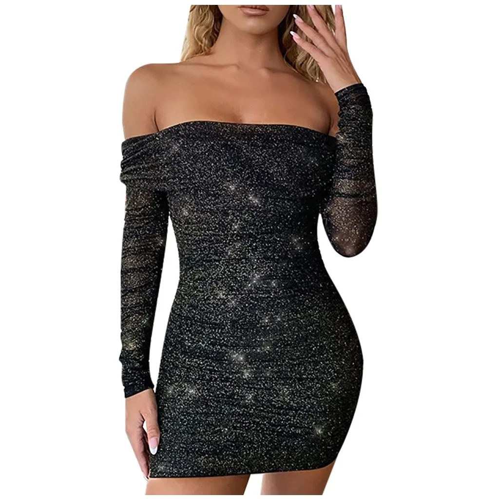 

Evening Party Dresses Long Sleeve Off The Shoulder Dresses Women Shiny Glitter Summer Autumn Sexy Bodycon Club Ladies Mini Dress