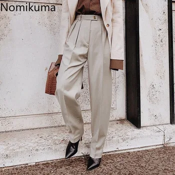 

Nomikuma Elegant OL Suit Pants Women Solid Color Straight Loose Trousers Office Ladies High Waist Fashion New Pantalones 3a267