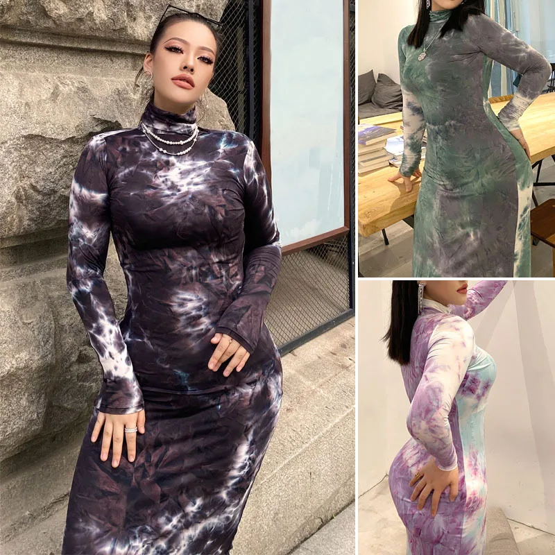

Autumn women's Plus Size elegant tie dye printed long sleeve high neck dress women's splicing casual tight and ankle long gown