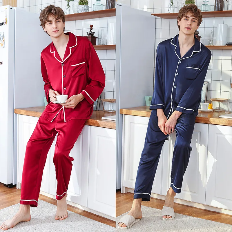 

2020 Faxu Silk Explosion Pajamas Men's Spring and Summer Long-Sleeved Pants Tracksuit Set Pyjamas Men Sleepwear Pijama