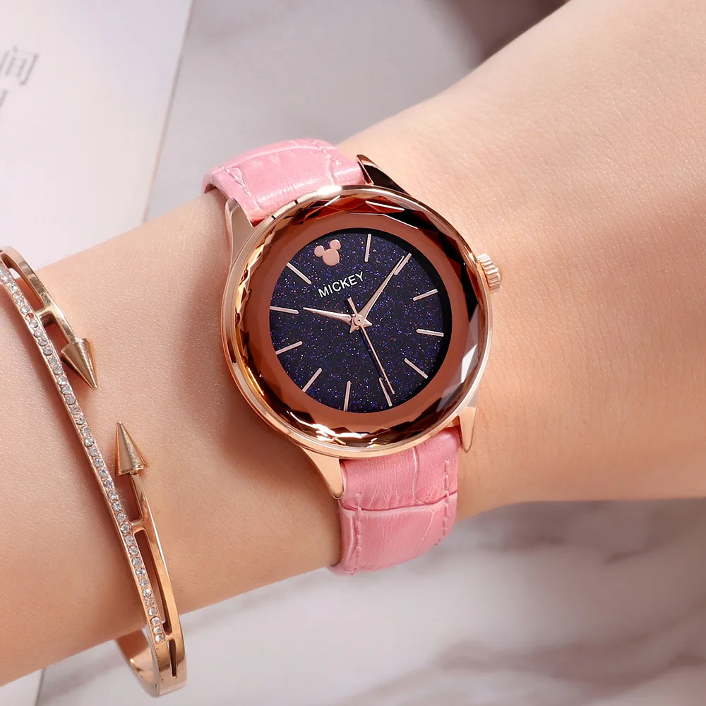 

Disney Stars Color Watch Fashion Mitsubishi Mirror Quartz Watch Middle School Students Leather Belt WOMEN'S Watch 299