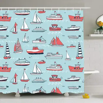 

Shower Curtain Set with Hooks 72x72 Boy Illustrated Water Summer Transport Decoration Line Pattern Transportation Love Objects