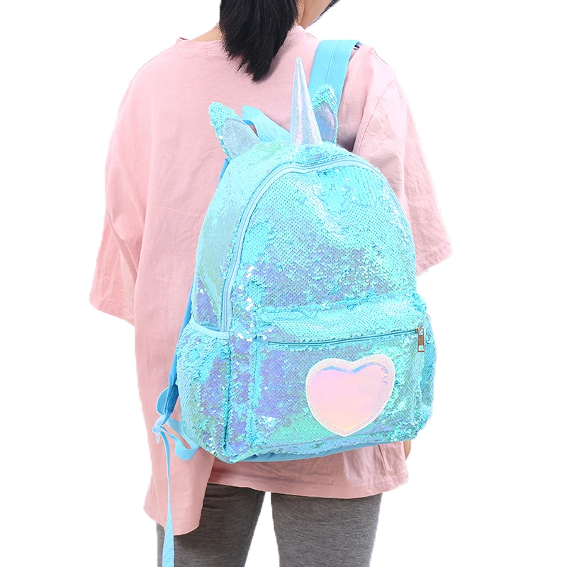 

Girl Holographic Love Unicorn School Bag Teenager Children Colorful Heart Sequins Backpacks Women Large Glittering Travel Bag