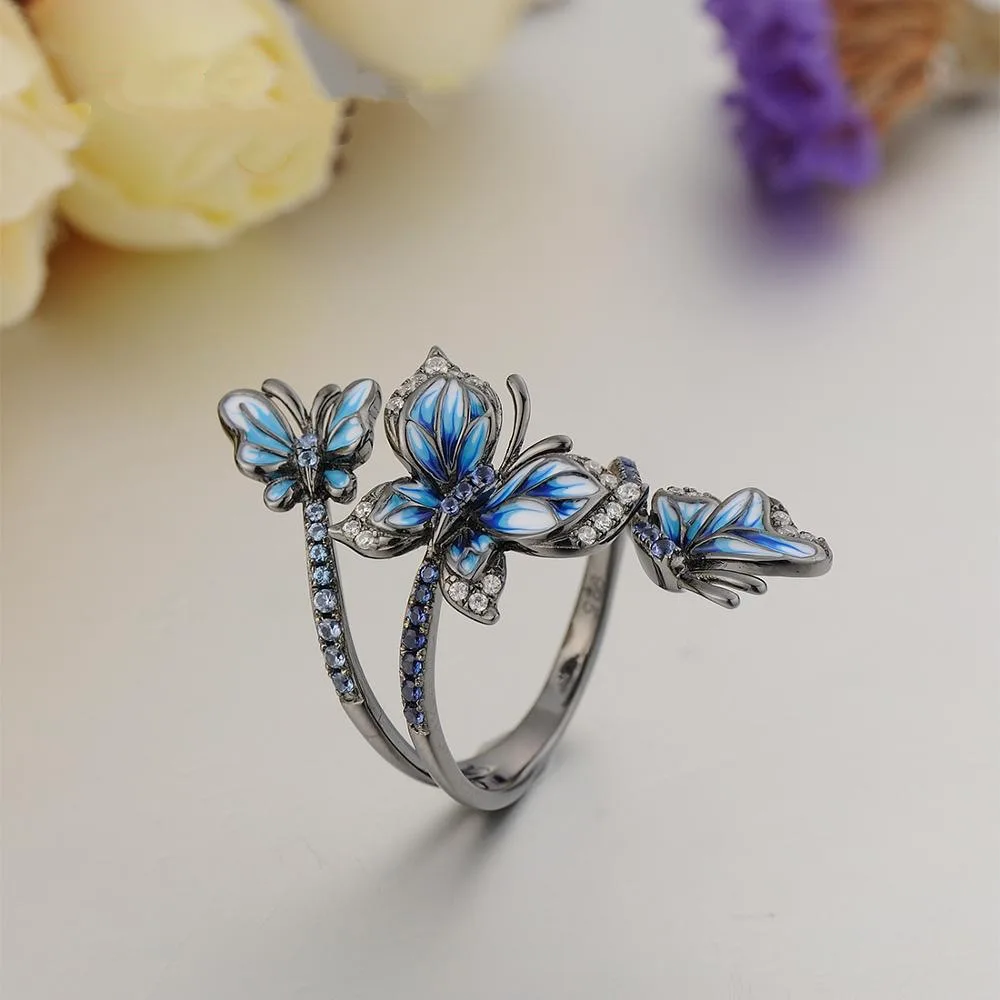 Милое женское кольцо с большой голубой эмалью и бабочкой, винтажное черное Золотое обручальное кольцо, обручальные кольца для мужчин и женщин