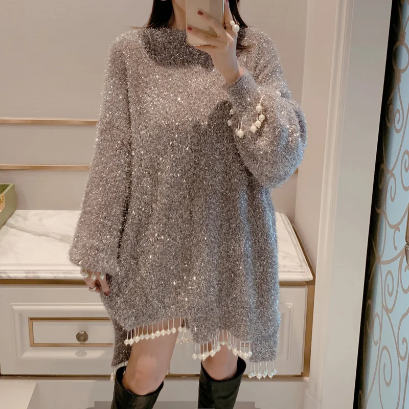 

Fashion new bright silk headdress heavy work beaded lazy casual loose wild sweater