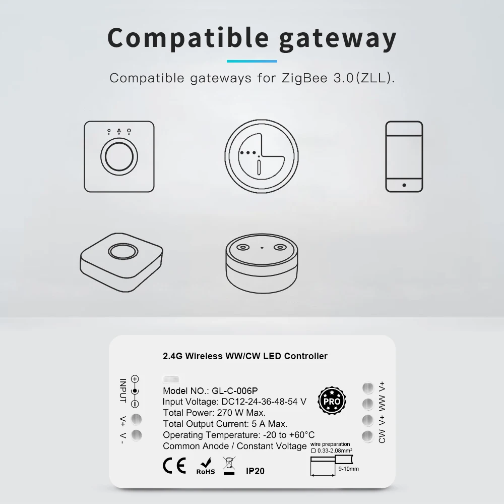 Zigbee 3.0 Smart Pro WWCW Controller Warm White Cold White Light Work with RF Remote, for LED Strip