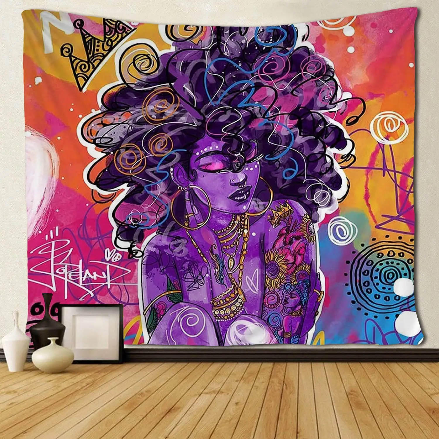 African American Black Afro Girl Tapestry Trippy Colorful Hippie King Queen Art 