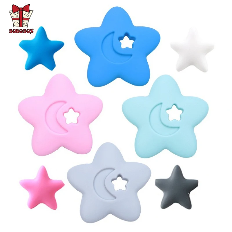 

BOBO.BOX 1pcs Food Grade Silicone Teethers BPA Free Baby Teething Toy Chewing Ring Star Silicone Beads Oral Care Pacifier Clips