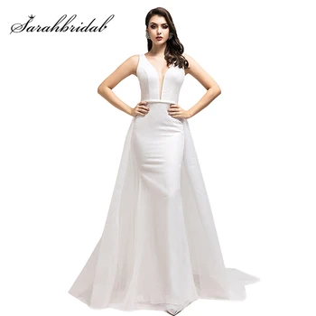 

Elegant White Evening Dresses with Gold Pouring Sexy Long Mermaid Simple Sheer V Neck Formal Party Gowns Drop-Shipping L5506