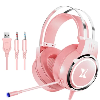 

7.1 Surround Sound Pink Headphones Gaming Headset Wired With Microphone Professional Gamer RGB Light For PS4 Phone PC