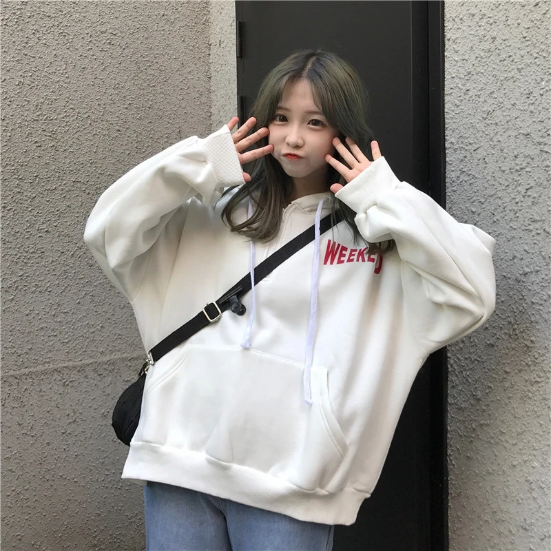 Hoodies Women Hoody Thicker Plus Velvet Winter Warm Oversize Letter Print Pocket Womens Hoodie Korean Style Simpl Sudadera Mujer