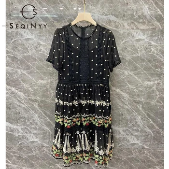 

SEQINYY Cotton Linen Dress 2020 Summer Spring New Fashion Design Women Short Sleeve Embroidery Flowers Loose Mini Dress