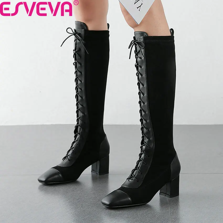 

ESVEVA 2020 Retro Square Toe Patchwork Cow Leather Flock Women Shoes Autumn Winter Square Heel Lace Up Knee High Boots Size34-43