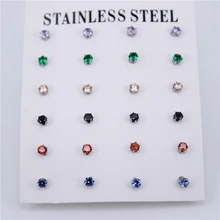  12 pairs/set multiple colour Diameter 3-6mm High quality Stainless Steel Jewelry Cubic Zirconia Stud Earrings for Women ZN29 