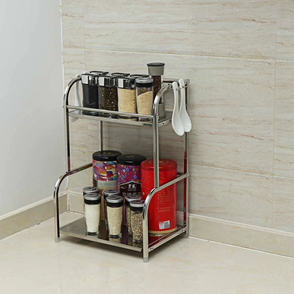 

Hot New 2 Layers Stainless Steel Kitchen Storage Rack Holder Seasoning Condiment Bottles Shelf Stand Organizer Home 30/40/50cm F