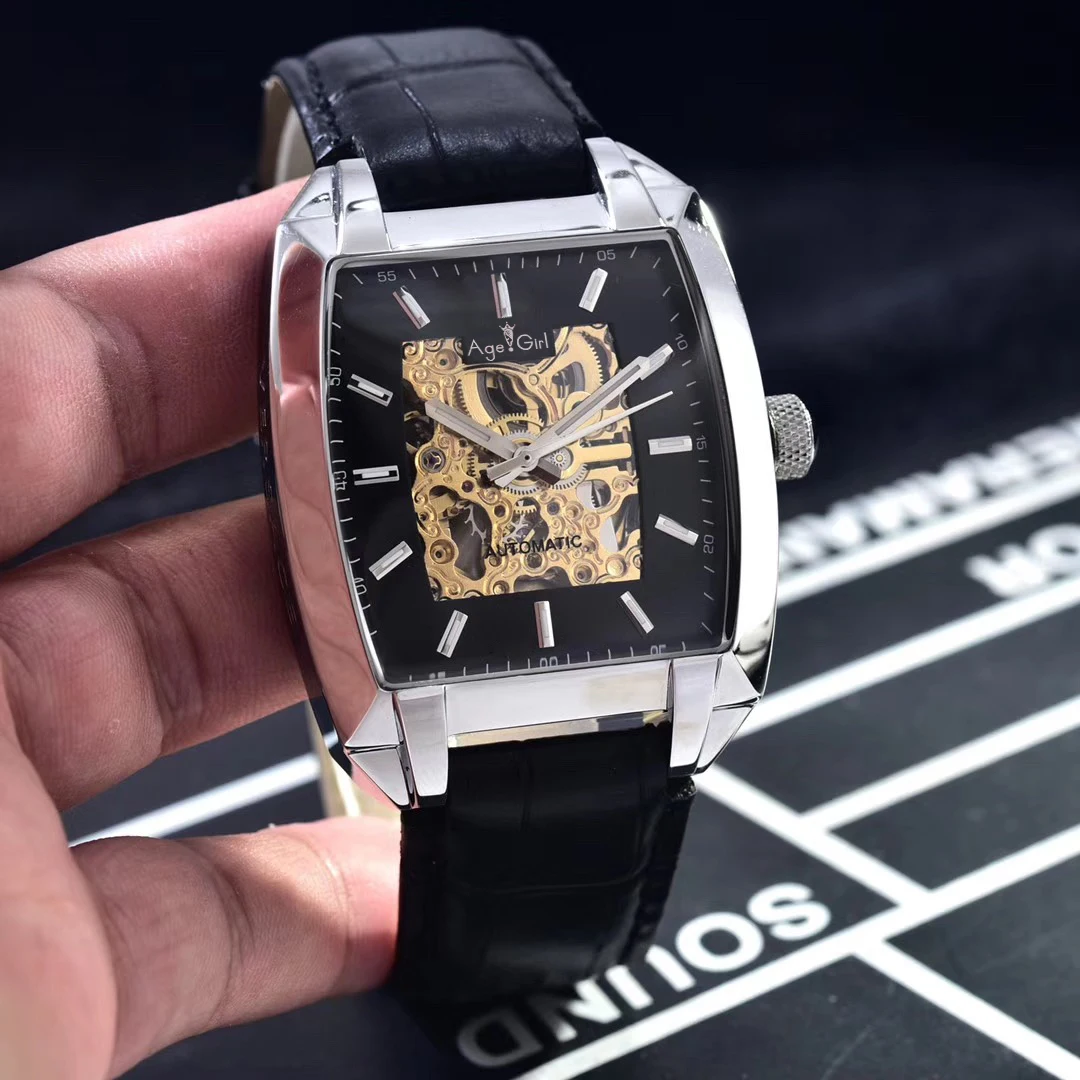 

Luxury Brand New Men Silver Rose Gold Black Brown Leather Automatic Mechanical Sapphire Skeleton Limited Sport Silver Watch AAA+