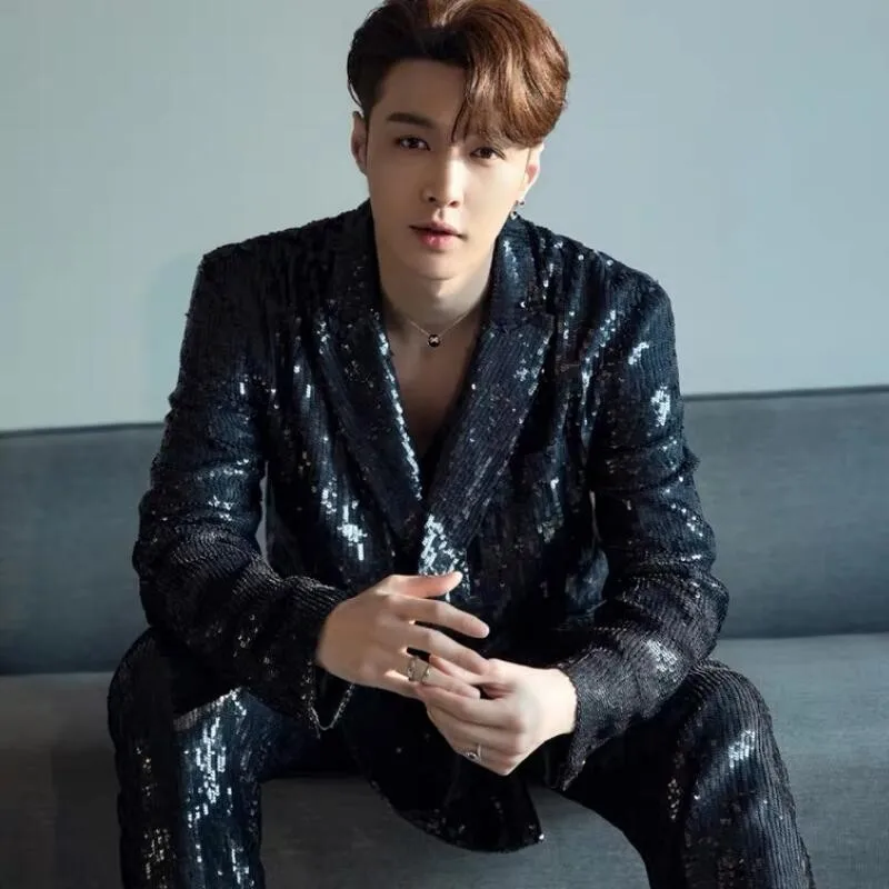 

Men Two-piece Suit Hip-hop Stage Performance Trainee Dancing Loose Black Sequined Suits Singer Host Banquet Clothing S-3XL