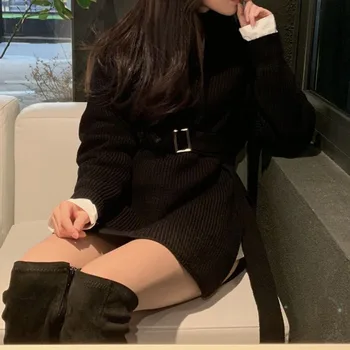 

Sweater Korean Style Chic Autumn Winter Retro Lace-up Mid-length Knitted Sweater Fashion High Waist Women Turtleneck Sweater