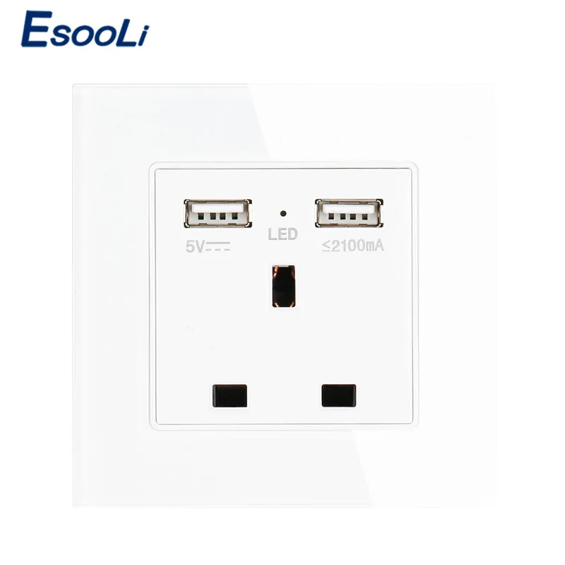 

Esooli Wall Power Socket Crystal Glass Panel Dual USB Charging Port 2.1A Wall Charger Adapter 13A UK Standard Socket 110~250V